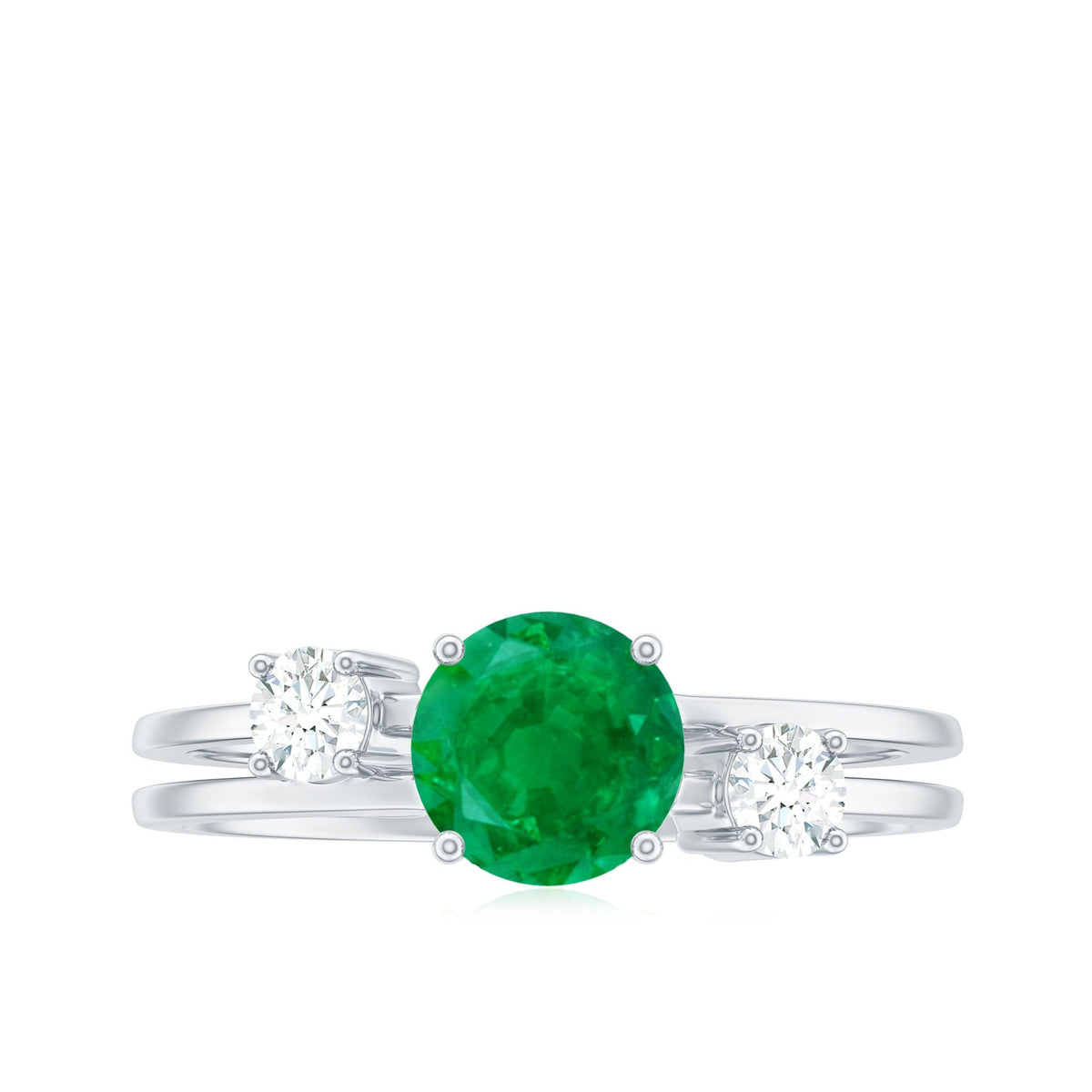 Emerald Diamond Engagement Ring – Three Stone Double Band With AAA Quality Emerald
