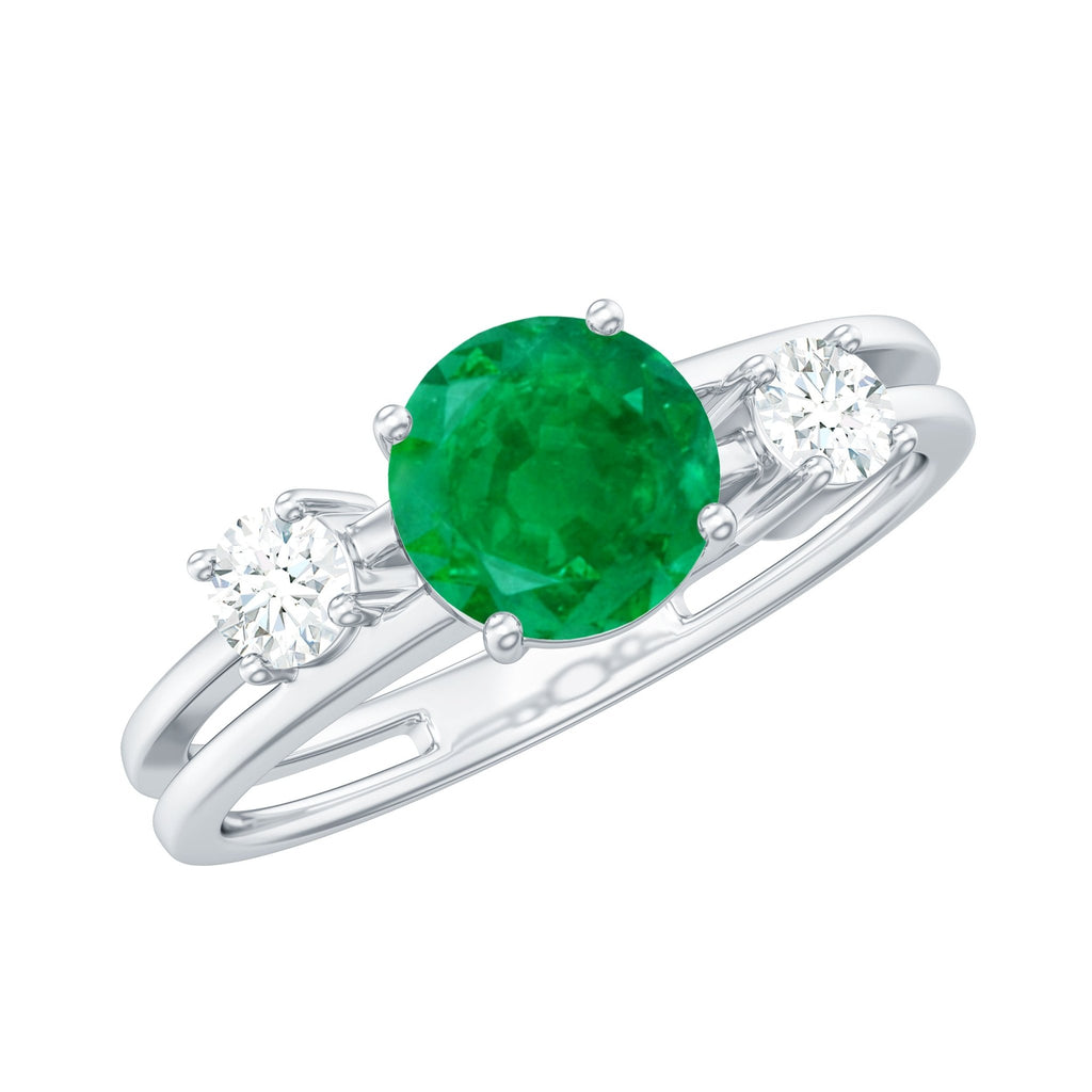 Emerald Diamond Engagement Ring – Three Stone Double Band With AAA Quality Emerald