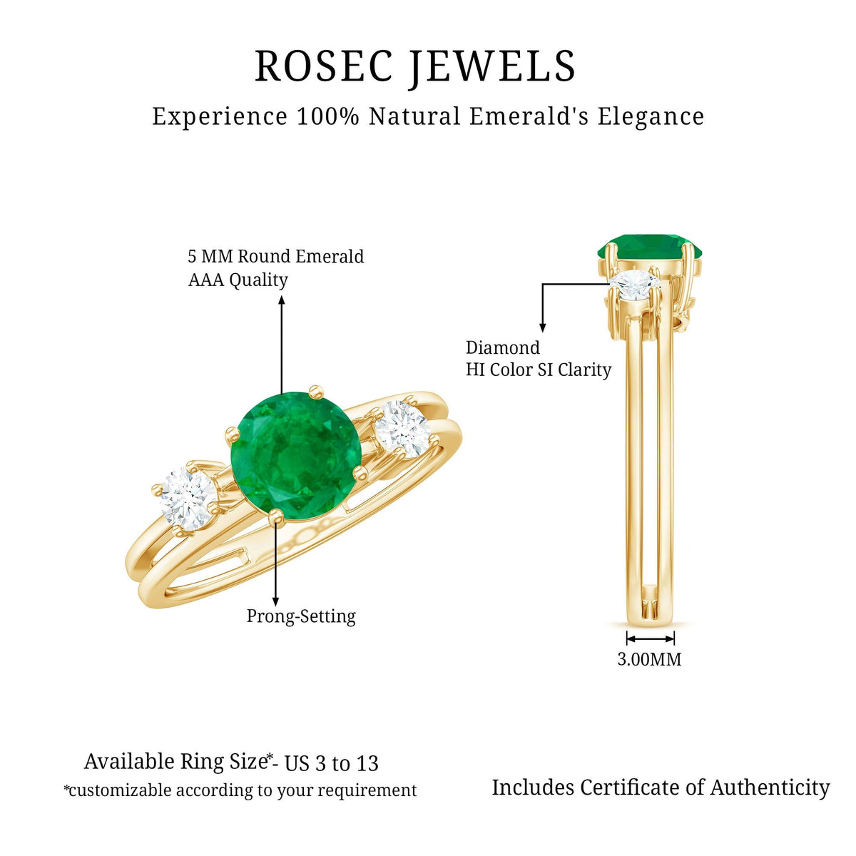 Emerald Diamond Engagement Ring – Three Stone Double Band With AAA Quality Emerald