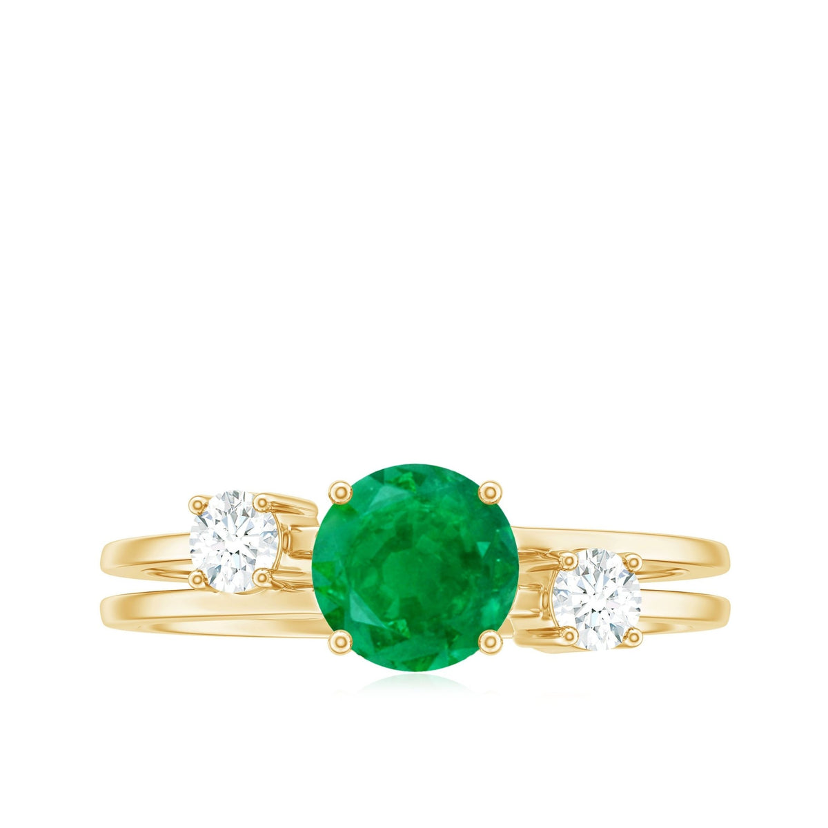 Emerald Diamond Engagement Ring – Three Stone Double Band With AAA Quality Emerald