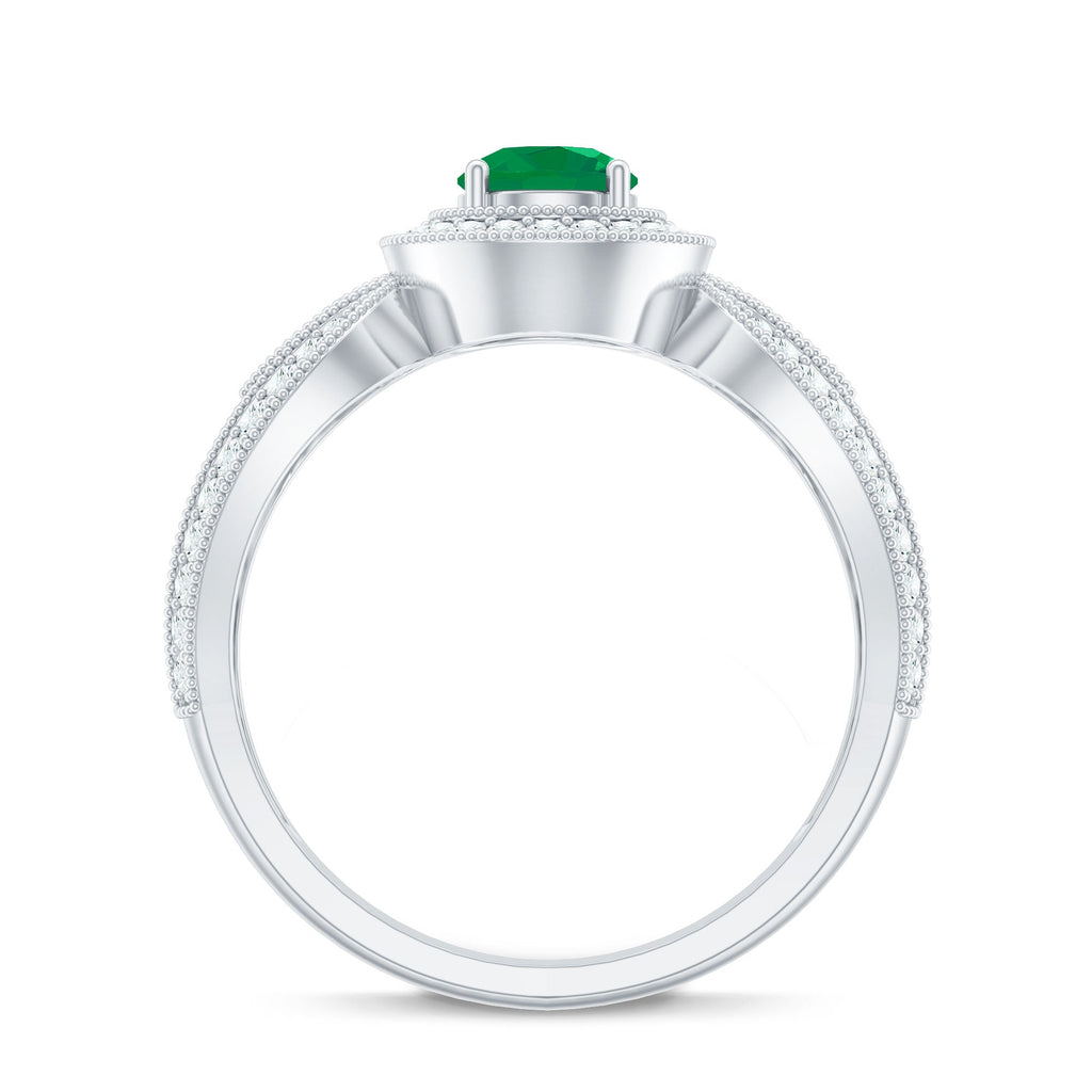 Emerald Diamond Engagement Ring – Vintage Style Split Shank Prong Setting Band