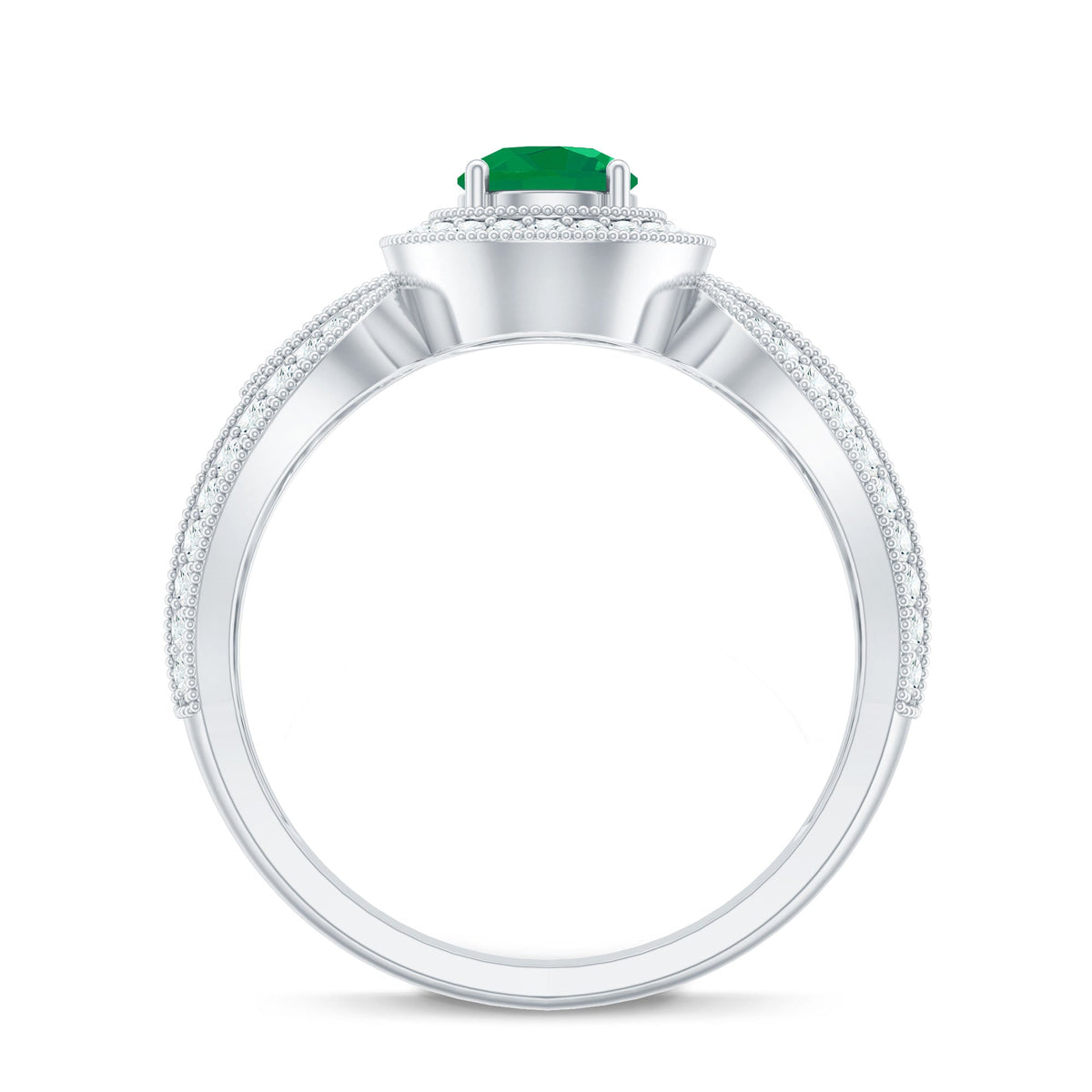 Emerald Diamond Engagement Ring – Vintage Style Split Shank Prong Setting Band