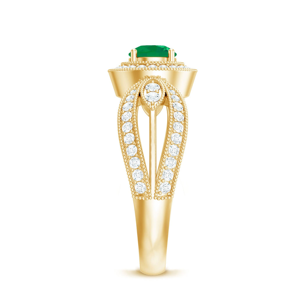 Emerald Diamond Engagement Ring – Vintage Style Split Shank Prong Setting Band