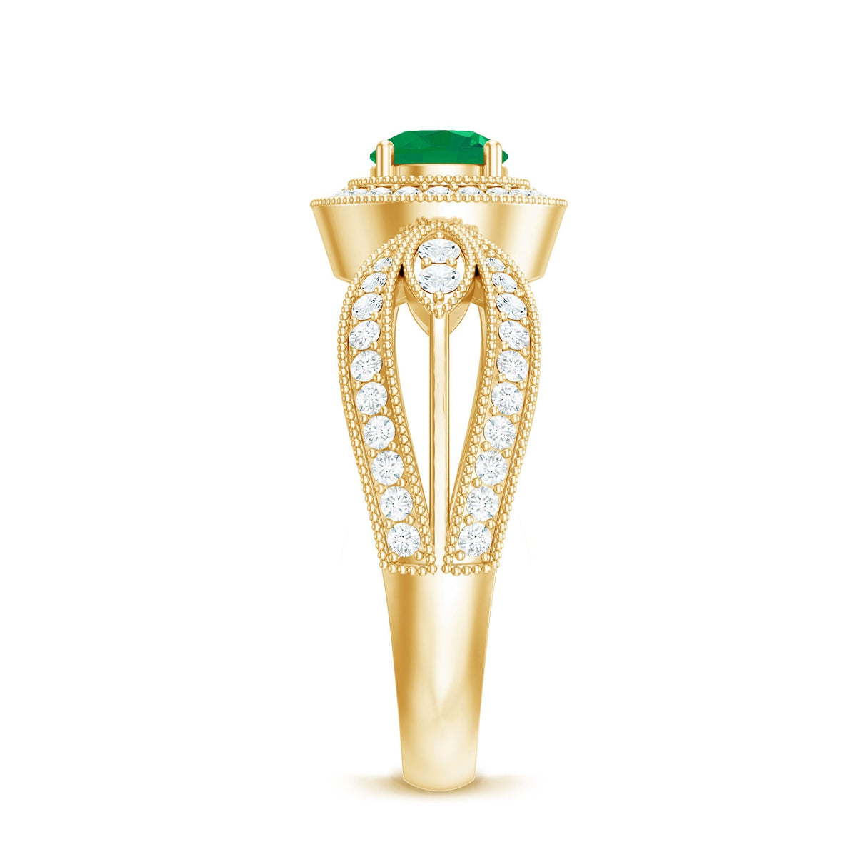 Emerald Diamond Engagement Ring – Vintage Style Split Shank Prong Setting Band