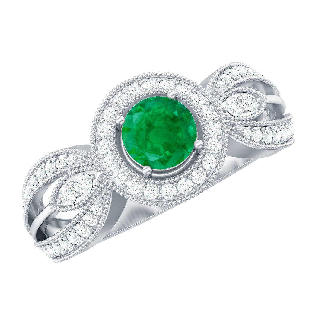 Emerald Diamond Engagement Ring – Vintage Style Split Shank Prong Setting Band