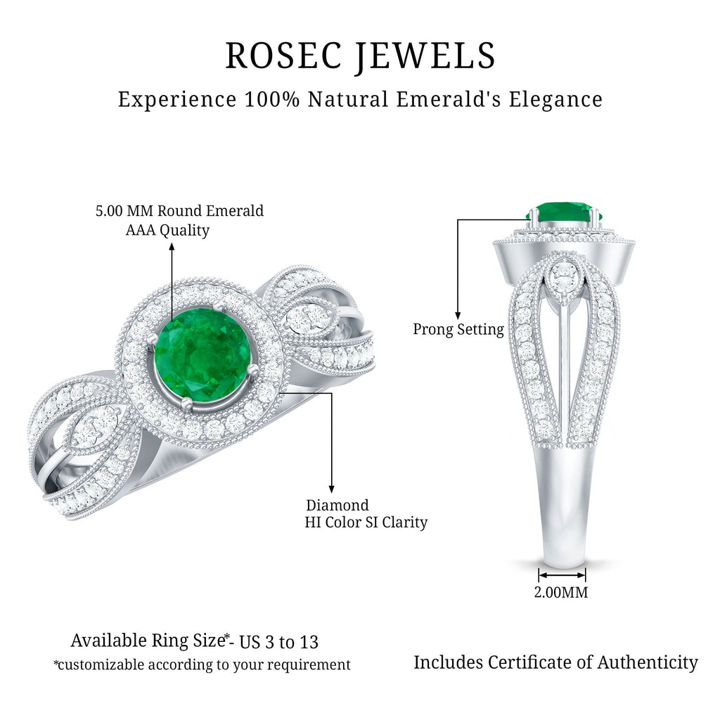 Emerald Diamond Engagement Ring – Vintage Style Split Shank Prong Setting Band