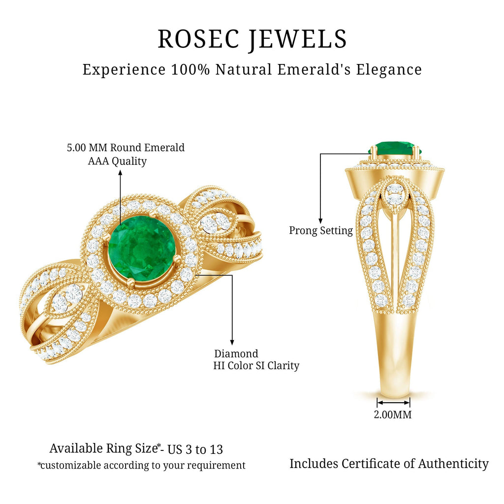 Emerald Diamond Engagement Ring – Vintage Style Split Shank Prong Setting Band