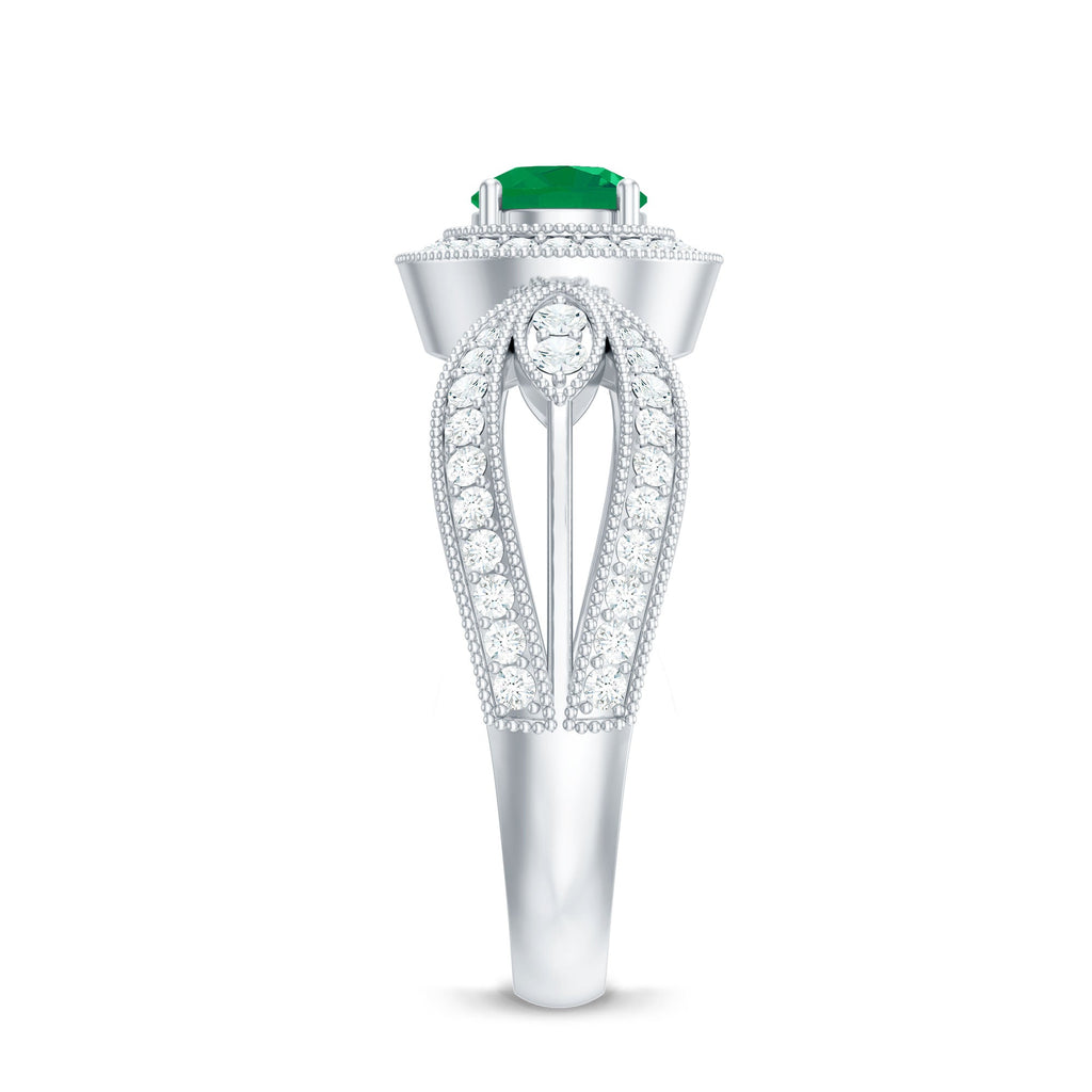 Emerald Diamond Engagement Ring – Vintage Style Split Shank Prong Setting Band