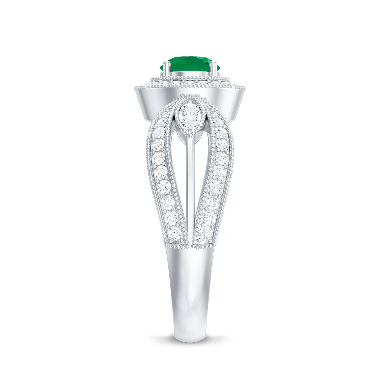 Emerald Diamond Engagement Ring – Vintage Style Split Shank Prong Setting Band