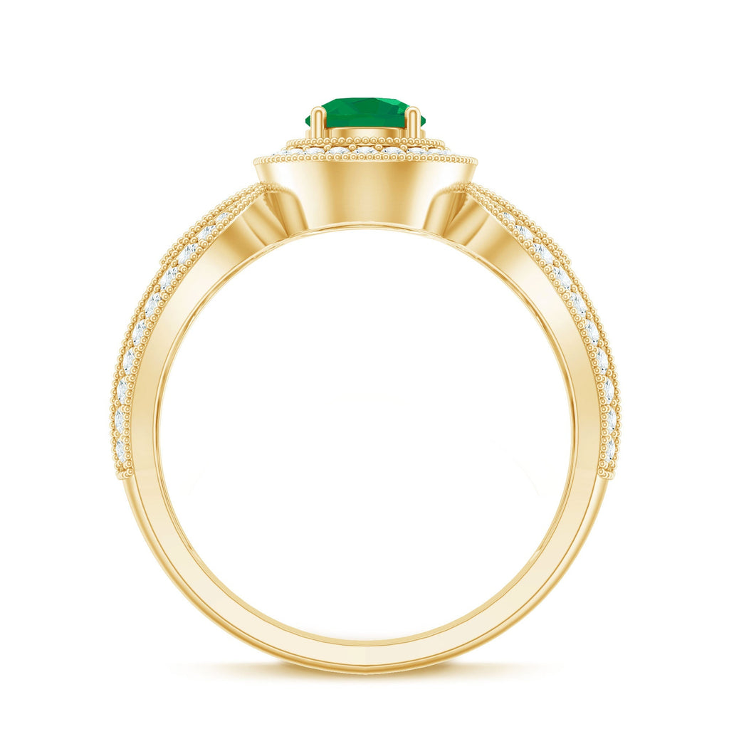 Emerald Diamond Engagement Ring – Vintage Style Split Shank Prong Setting Band