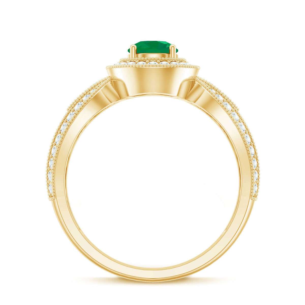 Emerald Diamond Engagement Ring – Vintage Style Split Shank Prong Setting Band