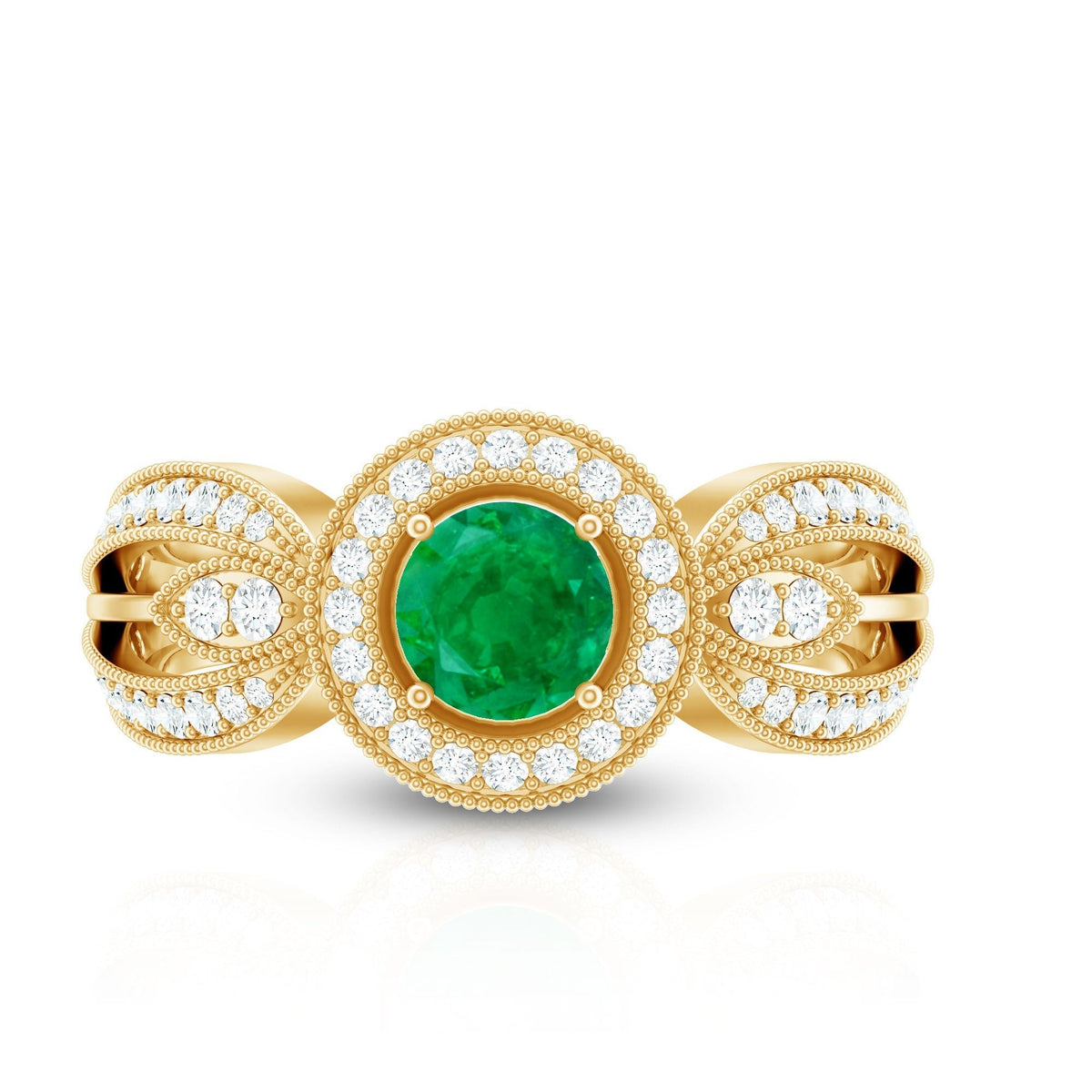 Emerald Diamond Engagement Ring – Vintage Style Split Shank Prong Setting Band