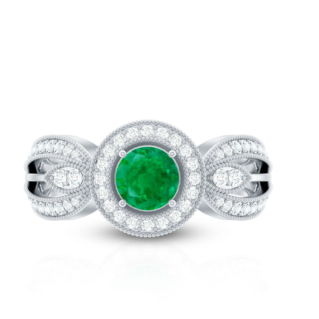 Emerald Diamond Engagement Ring – Vintage Style Split Shank Prong Setting Band