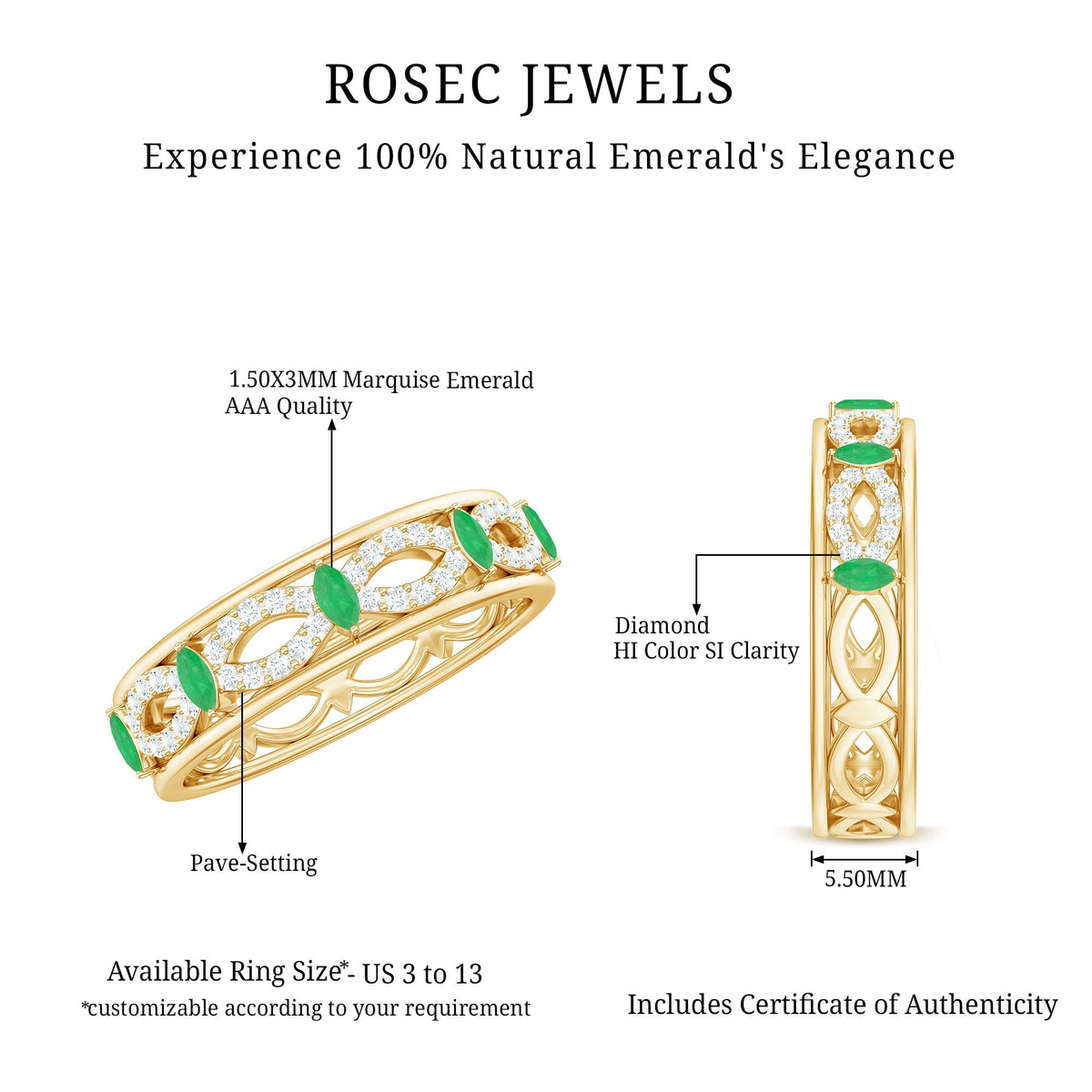 Emerald Diamond Eternity Band – Marquise Wedding Ring with Infinity Shank Design