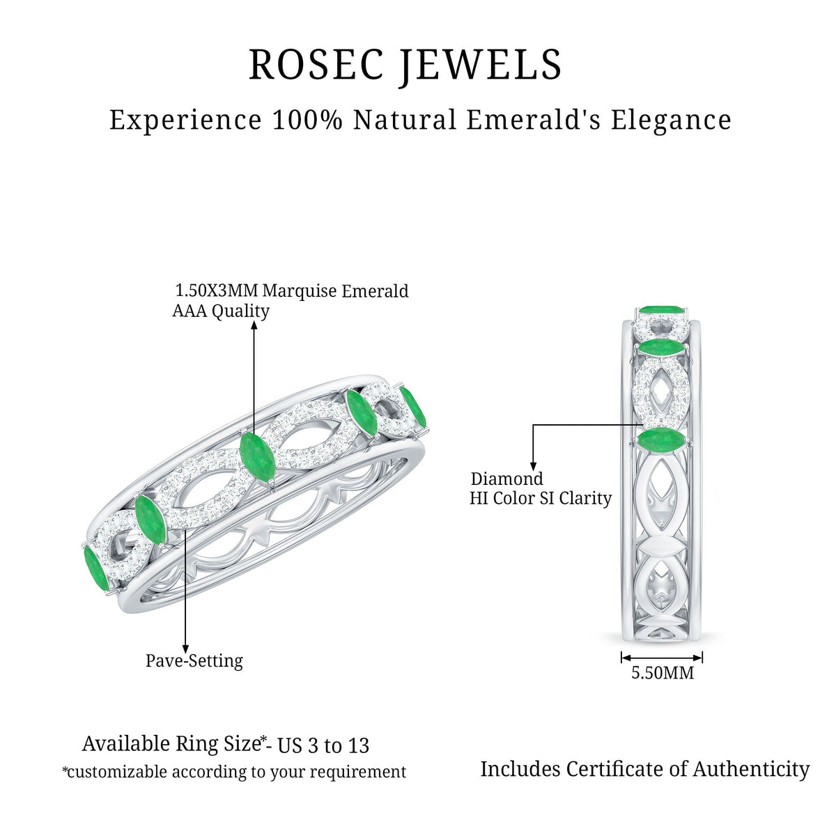 Emerald Diamond Eternity Band – Marquise Wedding Ring with Infinity Shank Design