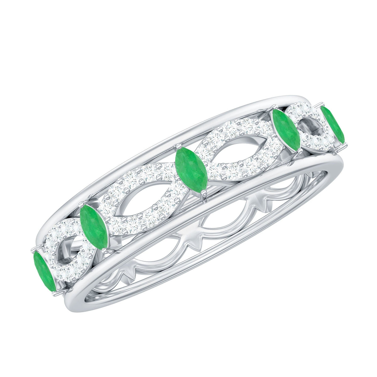 Emerald Diamond Eternity Band – Marquise Wedding Ring with Infinity Shank Design