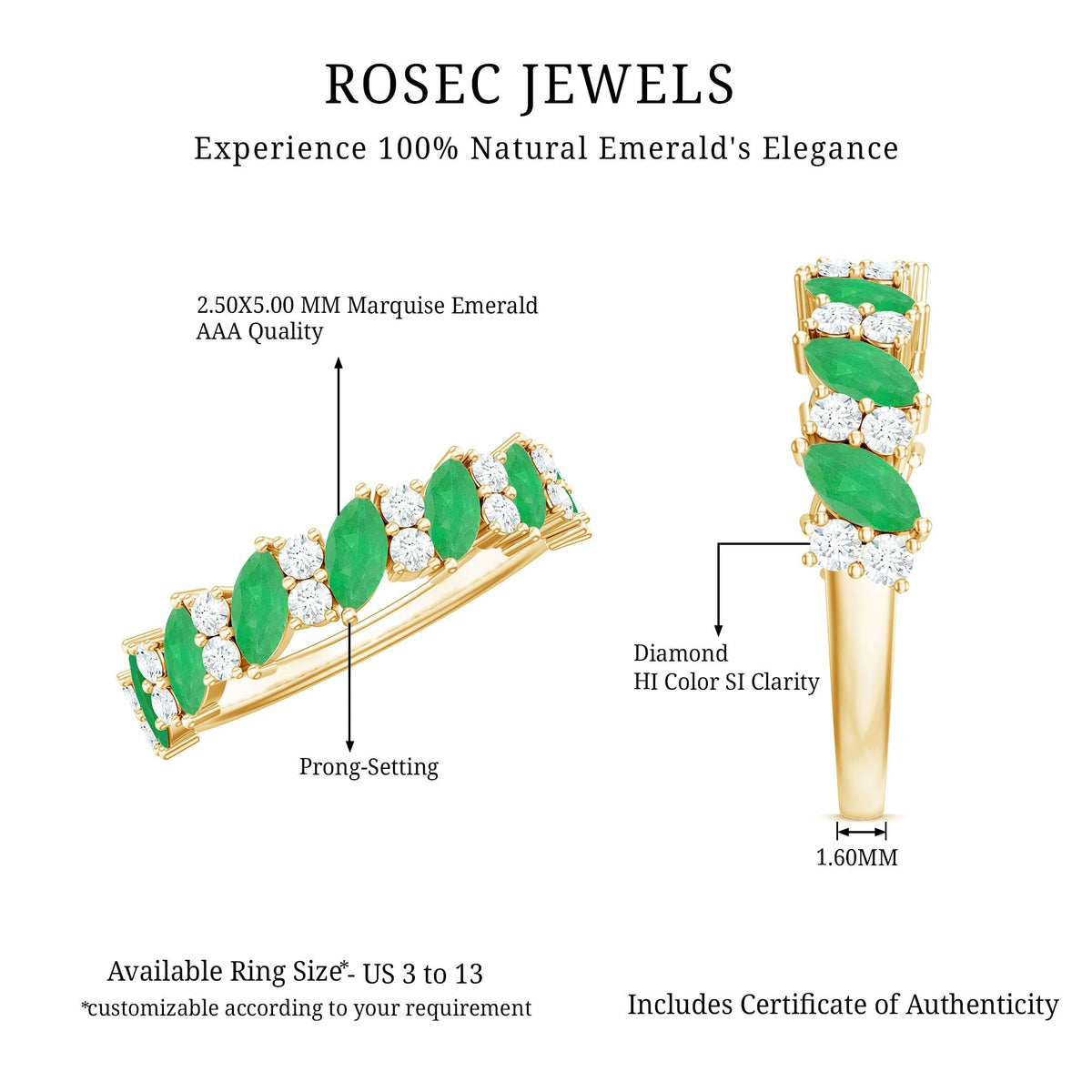 Emerald Diamond Eternity Ring – Half Eternity Band With Marquise Emerald & Diamond Stones