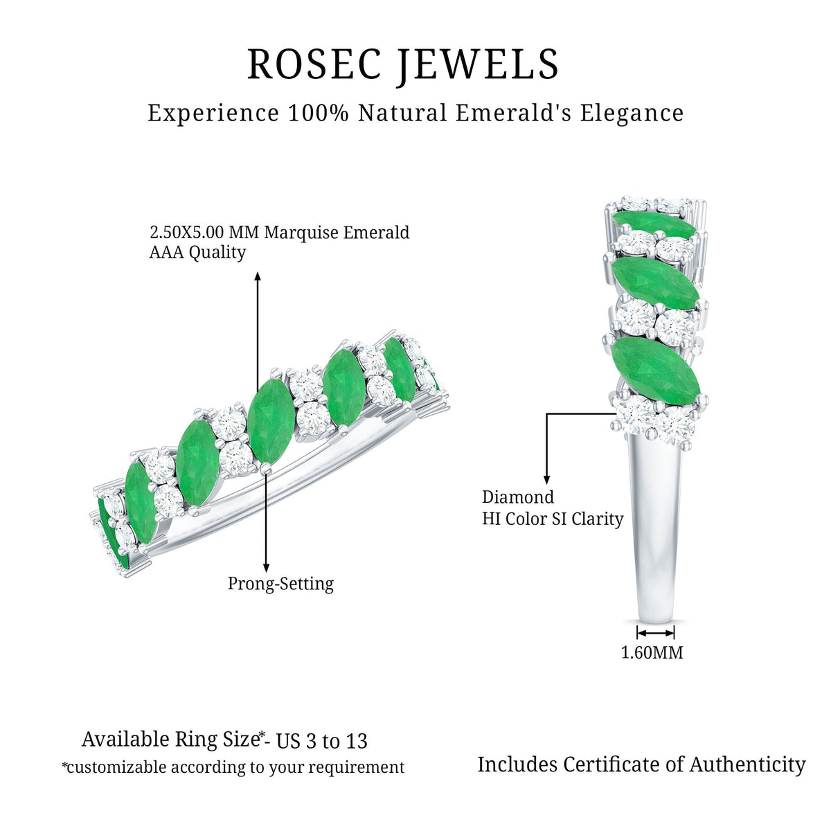 Emerald Diamond Eternity Ring – Half Eternity Band With Marquise Emerald & Diamond Stones