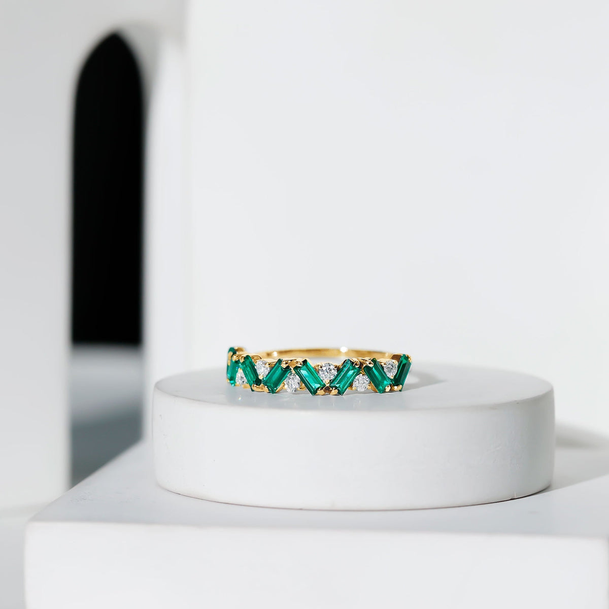 Emerald Diamond Eternity Ring – Lab Grown Baguette Emerald Half Eternity Band