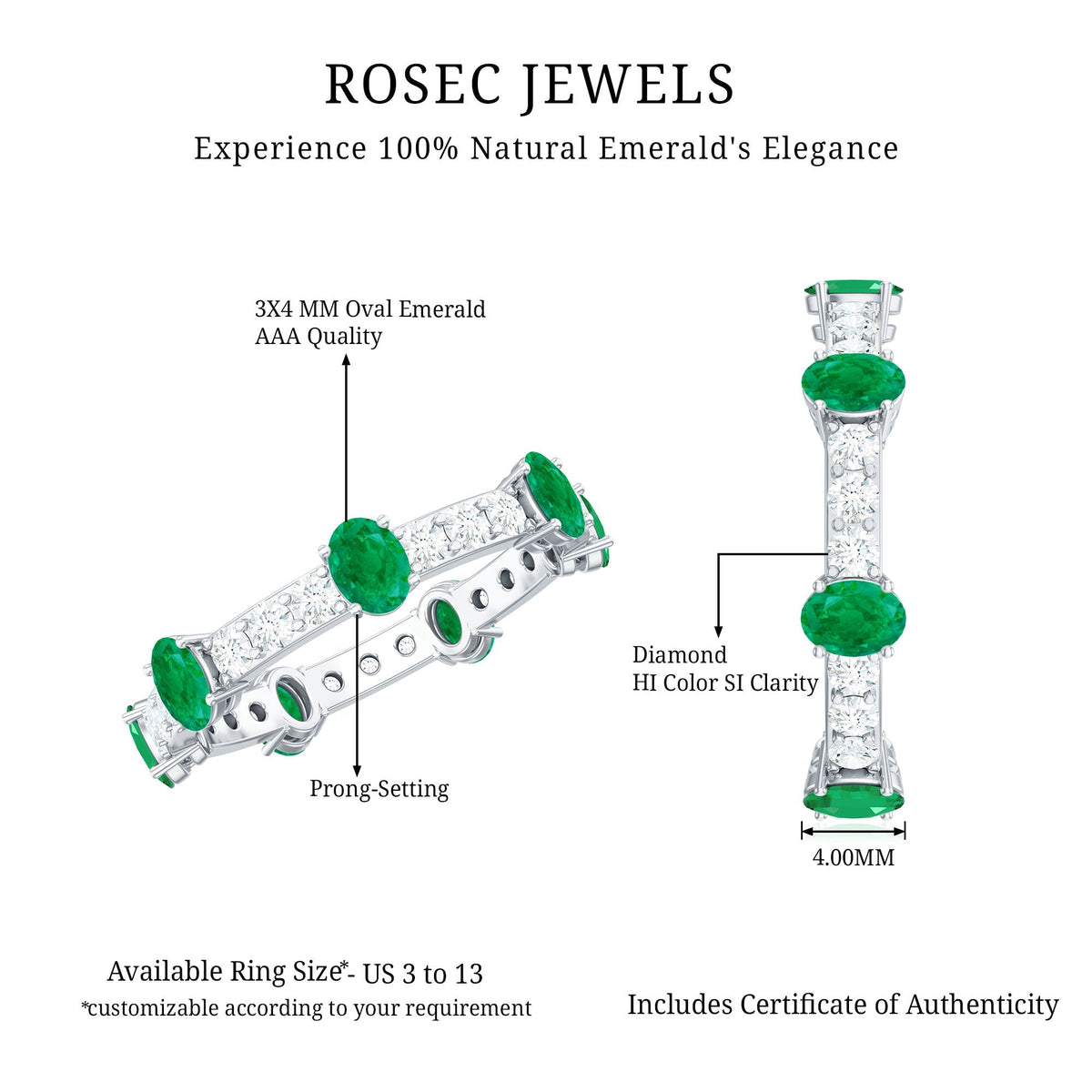 Emerald Diamond Eternity Ring – Oval Emerald Wedding Anniversary Band in Prong Setting