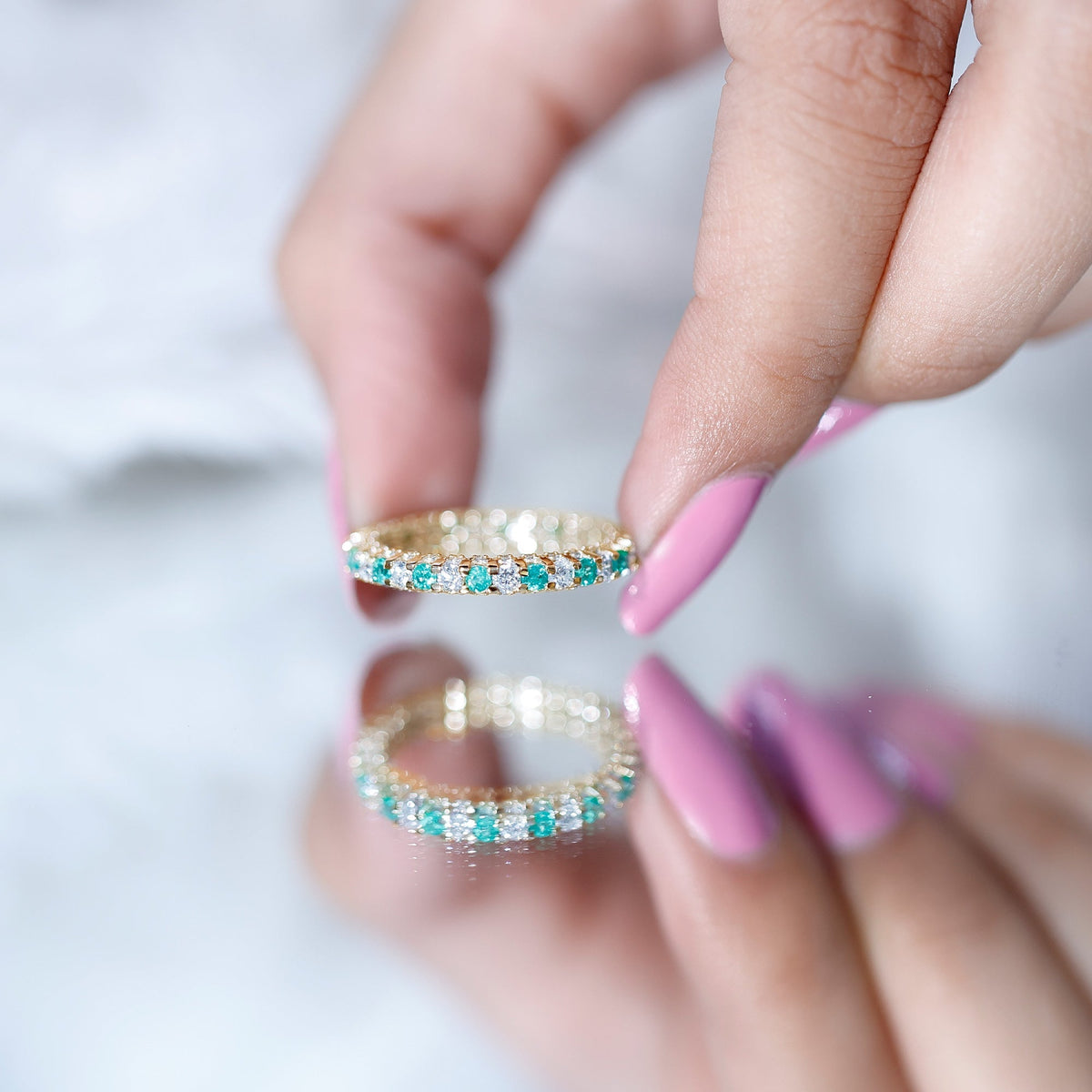 Emerald Diamond Eternity Ring – Stackable Round Cut Emerald Wedding Band