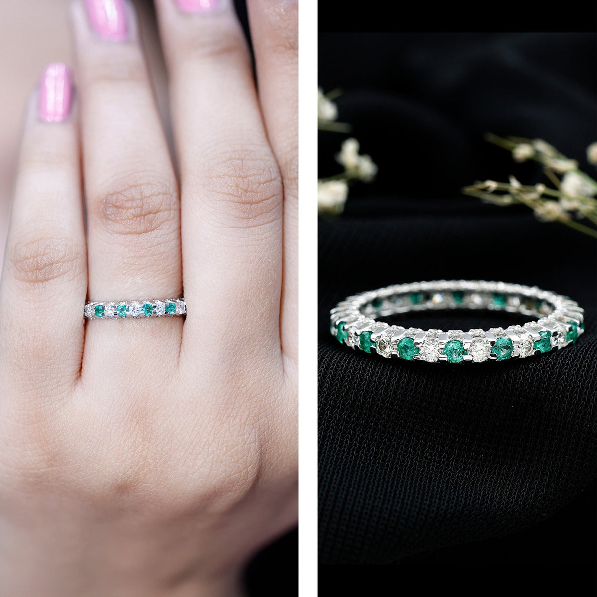 Emerald Diamond Eternity Ring – Stackable Round Cut Emerald Wedding Band