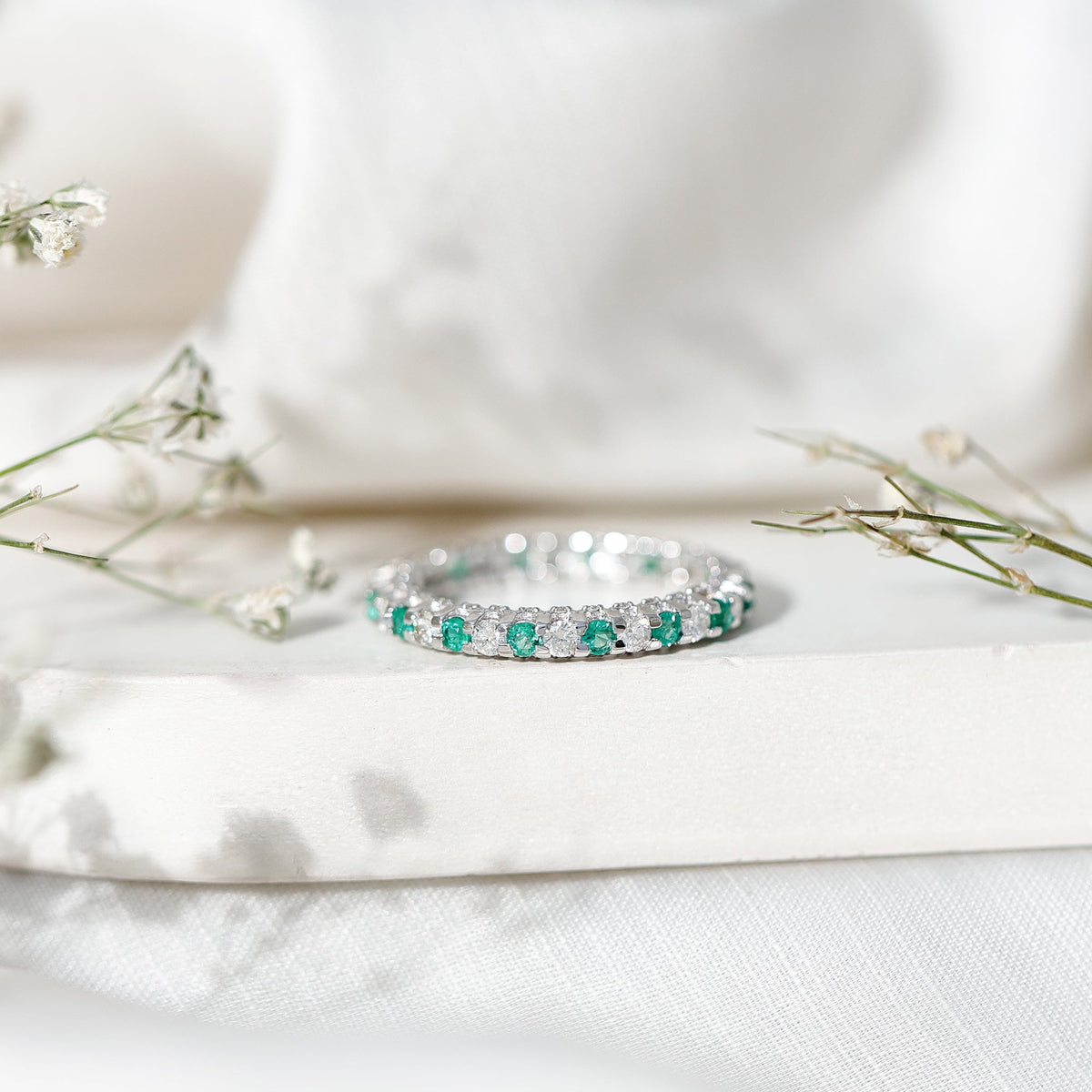Emerald Diamond Eternity Ring – Stackable Round Cut Emerald Wedding Band