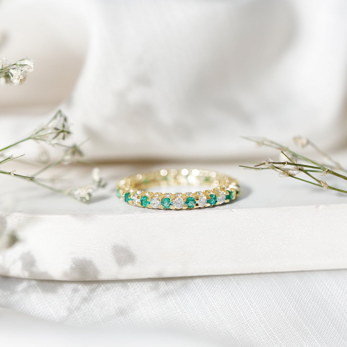 Emerald Diamond Eternity Ring – Stackable Round Cut Emerald Wedding Band