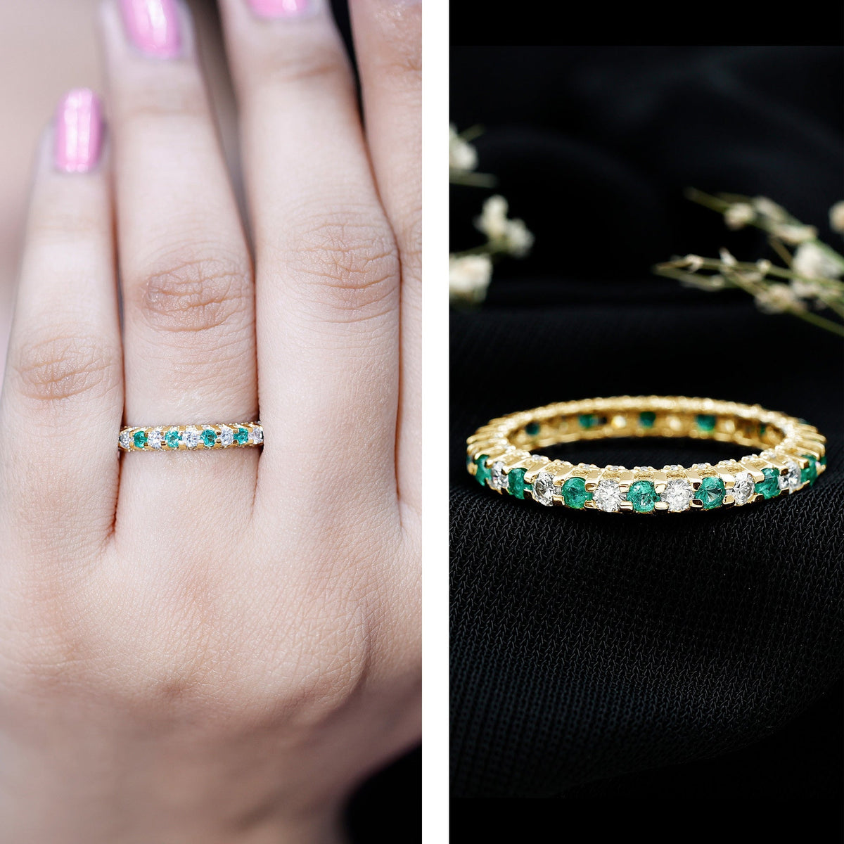 Emerald Diamond Eternity Ring – Stackable Round Cut Emerald Wedding Band