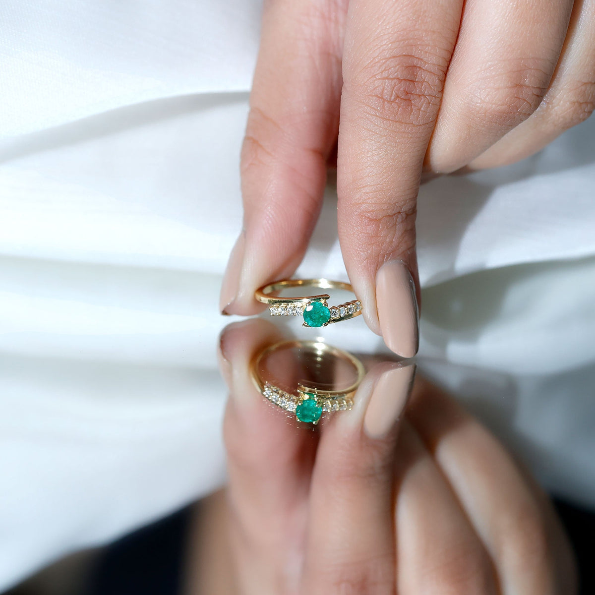 Emerald Diamond Promise Ring - AAA Quality Emerald & Sparkling Diamond Accents Bypass Shank