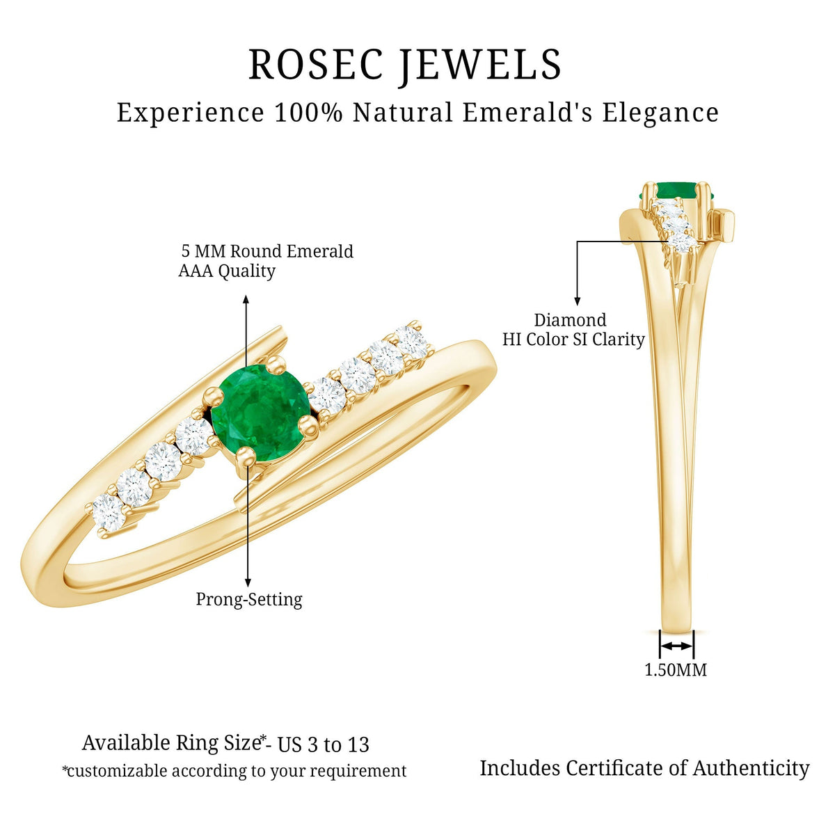 Emerald Diamond Promise Ring - AAA Quality Emerald & Sparkling Diamond Accents Bypass Shank
