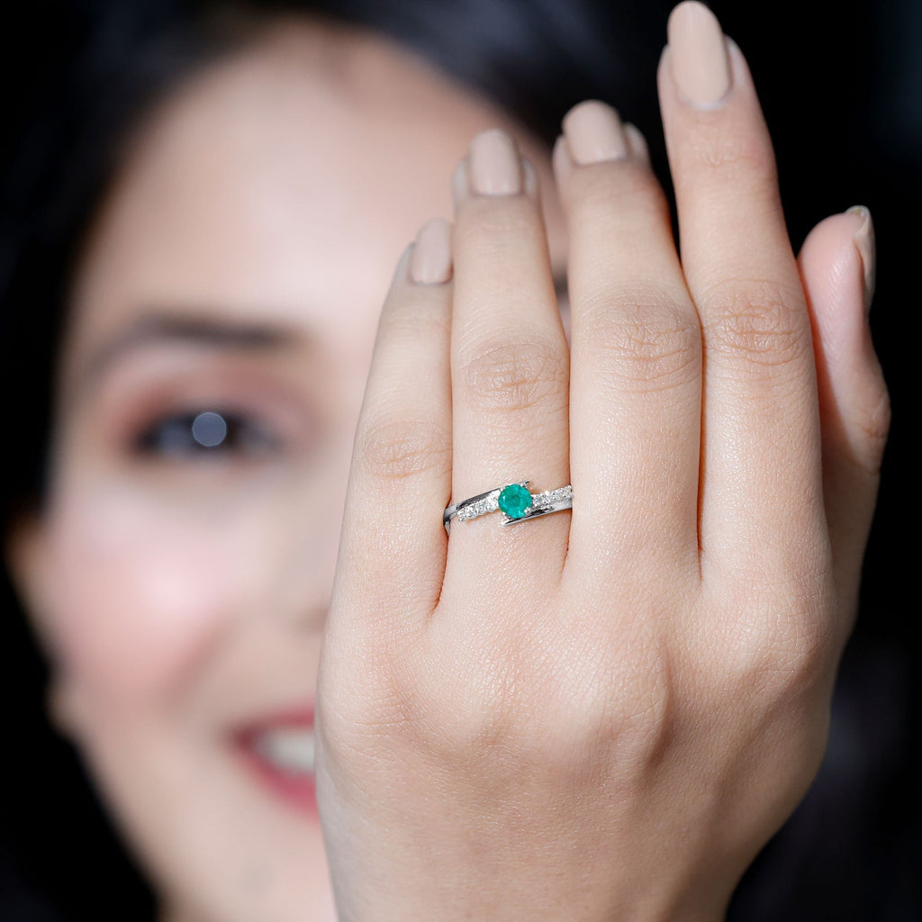 Emerald Diamond Promise Ring - AAA Quality Emerald & Sparkling Diamond Accents Bypass Shank