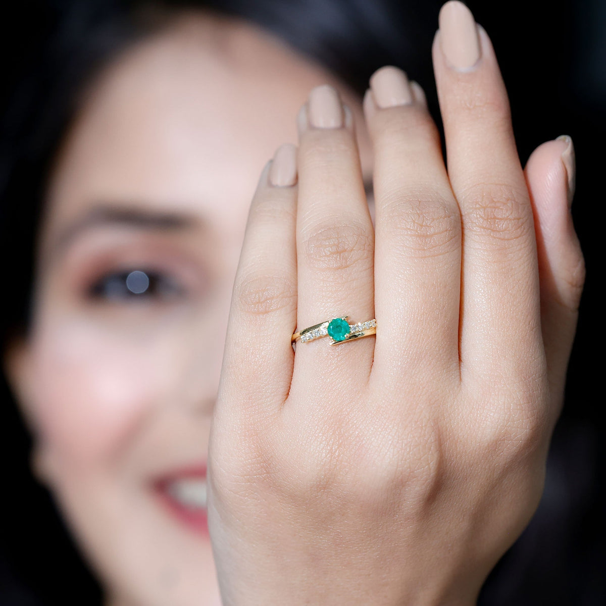Emerald Diamond Promise Ring - AAA Quality Emerald & Sparkling Diamond Accents Bypass Shank