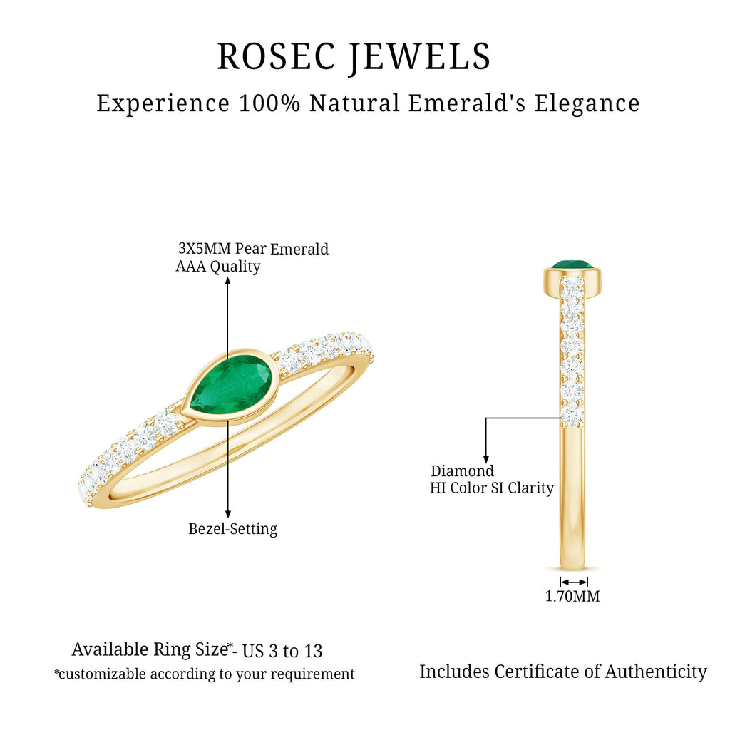 Emerald Diamond Promise Ring – Natural Pear Shape Emerald in Bezel Setting