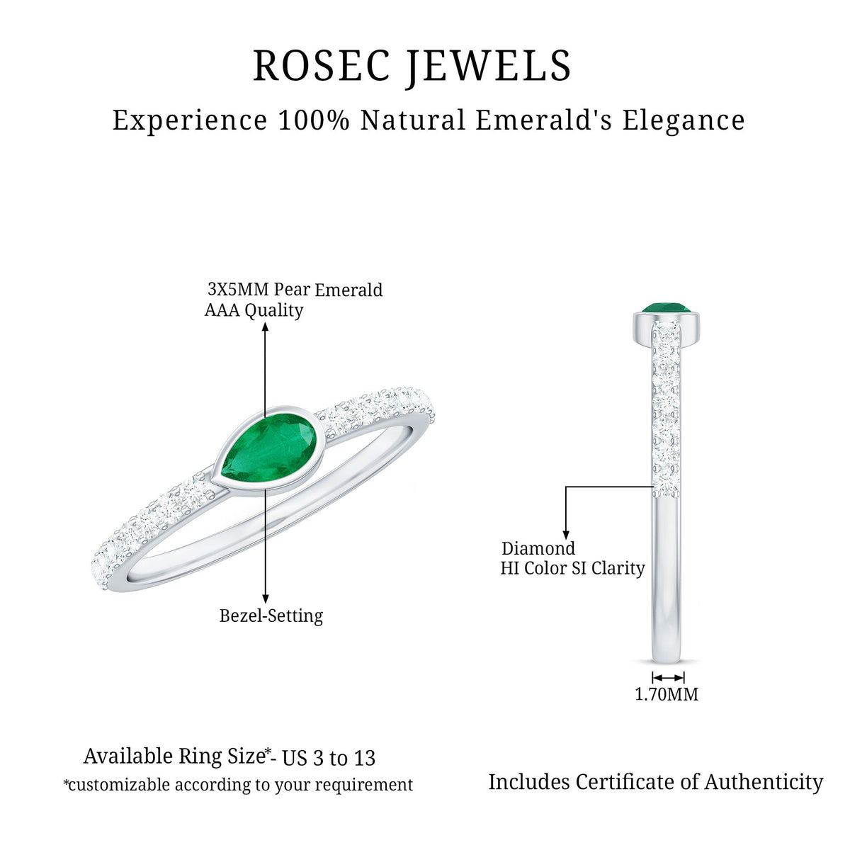 Emerald Diamond Promise Ring – Natural Pear Shape Emerald in Bezel Setting