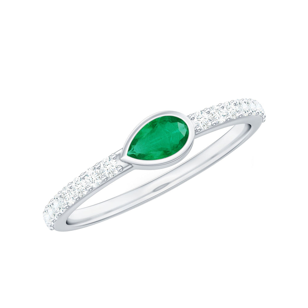 Emerald Diamond Promise Ring – Natural Pear Shape Emerald in Bezel Setting