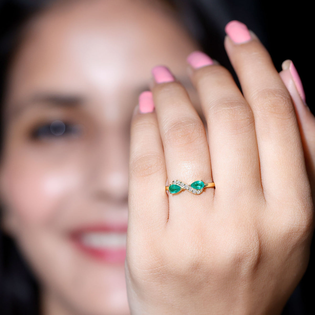 Emerald Diamond Promise Ring – Two Stone Infinity Pear Shaped Emerald Ring