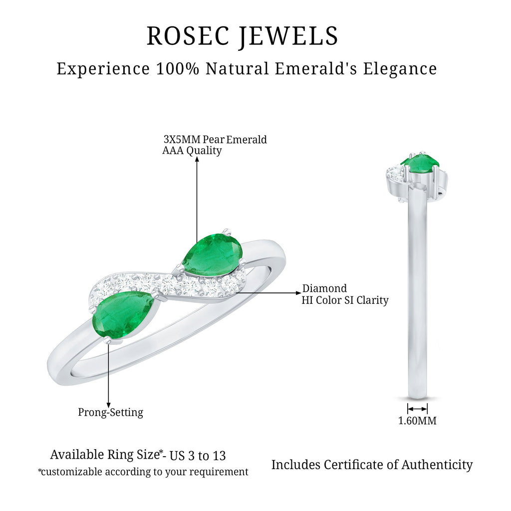 Emerald Diamond Promise Ring – Two Stone Infinity Pear Shaped Emerald Ring