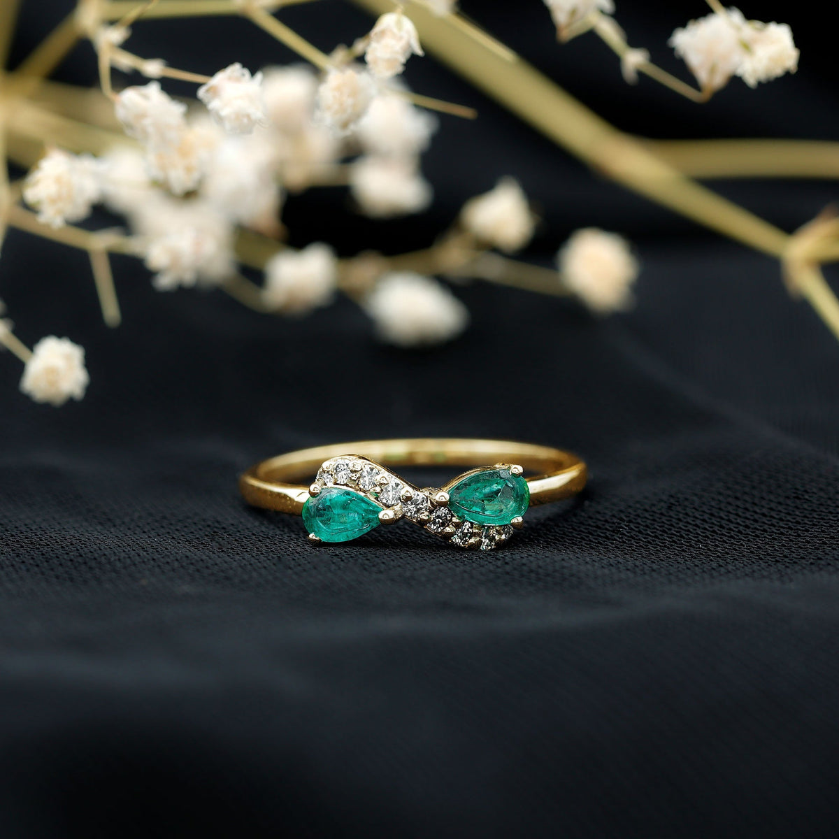 Emerald Diamond Promise Ring – Two Stone Infinity Pear Shaped Emerald Ring