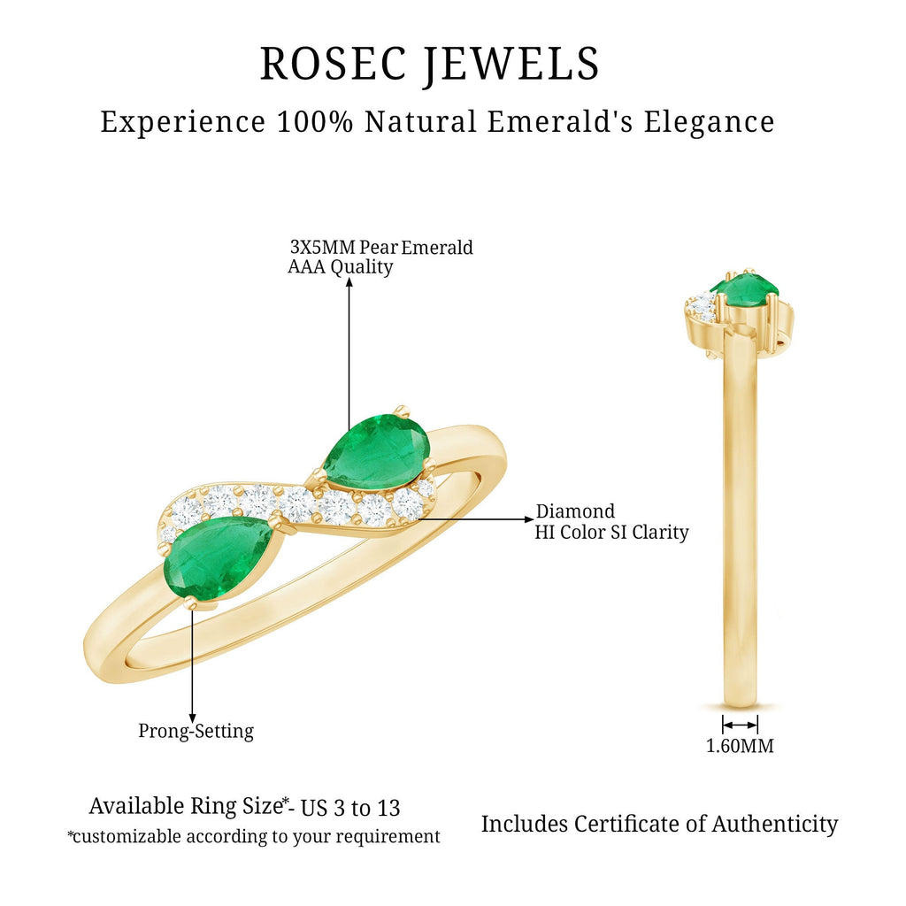 Emerald Diamond Promise Ring – Two Stone Infinity Pear Shaped Emerald Ring