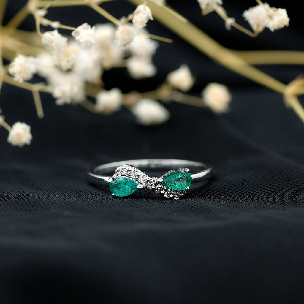 Emerald Diamond Promise Ring – Two Stone Infinity Pear Shaped Emerald Ring