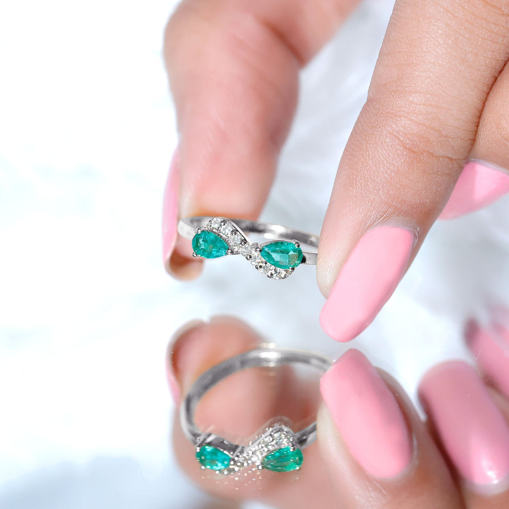 Emerald Diamond Promise Ring – Two Stone Infinity Pear Shaped Emerald Ring