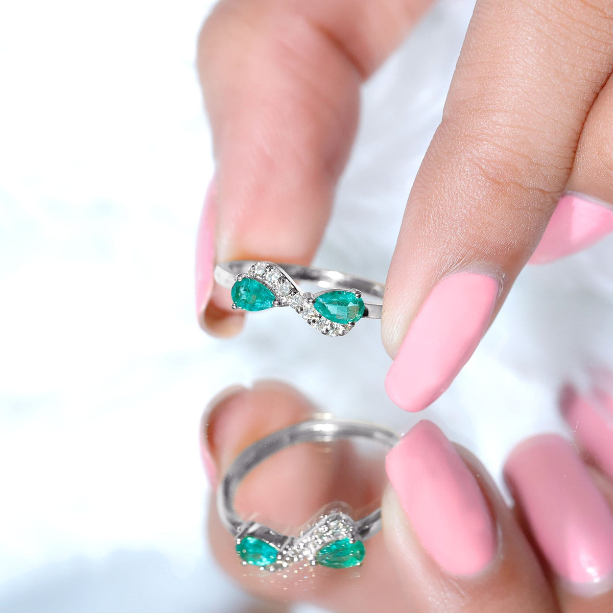 Emerald Diamond Promise Ring – Two Stone Infinity Pear Shaped Emerald Ring