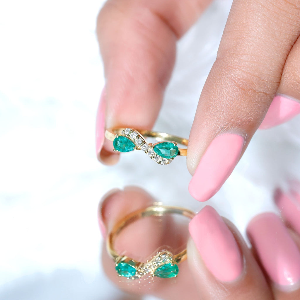 Emerald Diamond Promise Ring – Two Stone Infinity Pear Shaped Emerald Ring