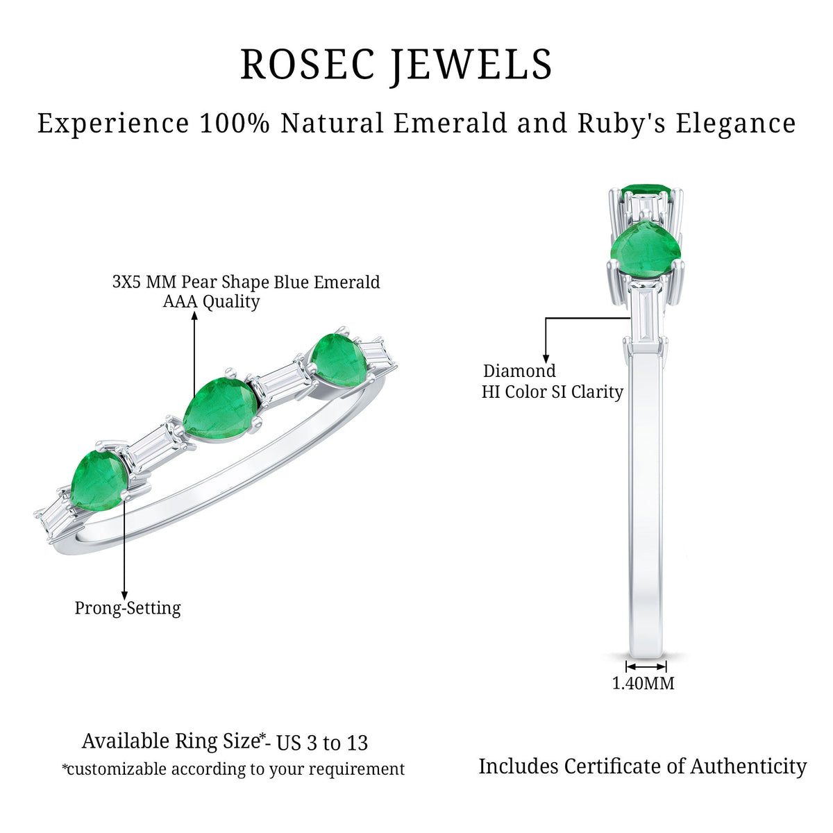 Emerald Diamond Ring – East West Half Eternity Anniversary Band with AAA Quality Emerald