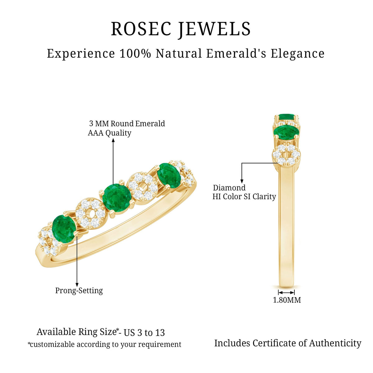 Emerald Diamond Ring – Half Eternity Band with AAA Emeralds & HI-SI Diamonds