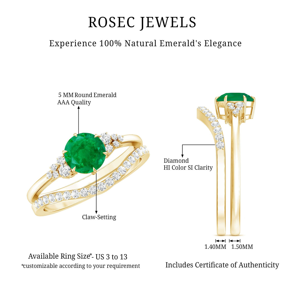 Emerald Diamond Ring Set – Natural AAA Quality Wedding Bridal Rings With Enhancer