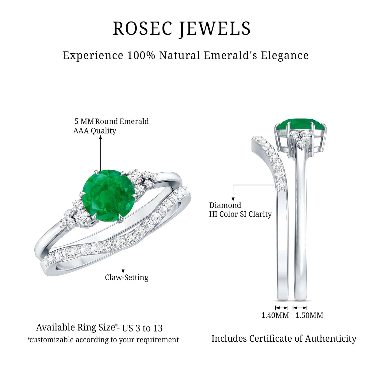 Emerald Diamond Ring Set – Natural AAA Quality Wedding Bridal Rings With Enhancer