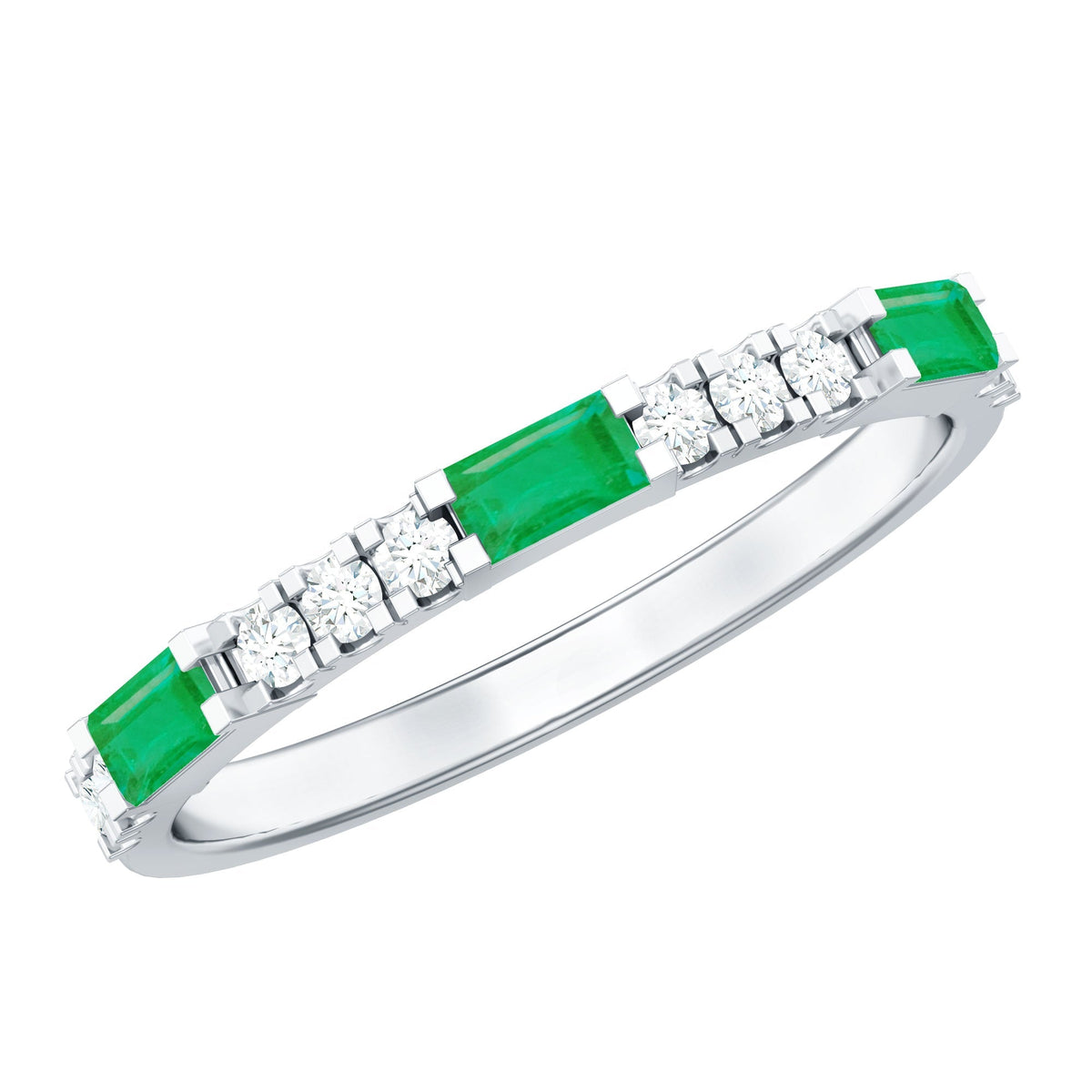 Emerald Diamond Ring – Stackable Band Ring With Baguette Cut Emerald & Diamonds