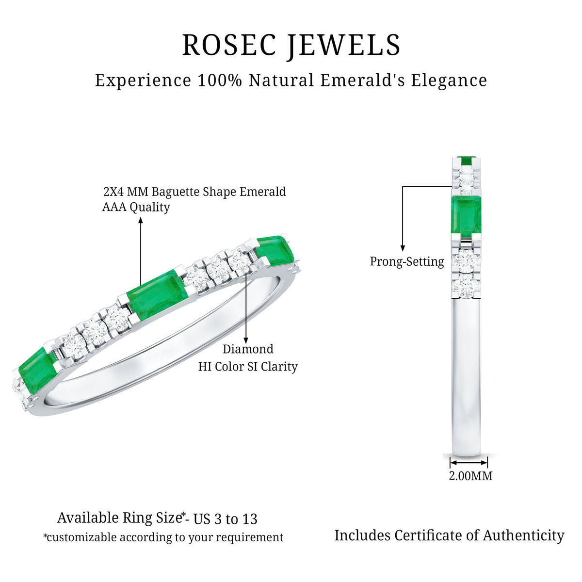 Emerald Diamond Ring – Stackable Band Ring With Baguette Cut Emerald & Diamonds